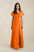 A-Line Short Sleeve Chiffon V-Neck Bridesmaid Dress in Cinnamon