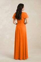 A-Line Short Sleeve Chiffon V-Neck Bridesmaid Dress in Cinnamon