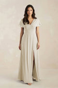 A-Line Short Sleeve Chiffon V-Neck Bridesmaid Dress in Dove Gray