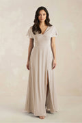 A-Line Short Sleeve Chiffon V-Neck Bridesmaid Dress in Frost