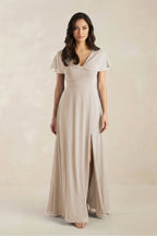 A-Line Short Sleeve Chiffon V-Neck Bridesmaid Dress in Frost