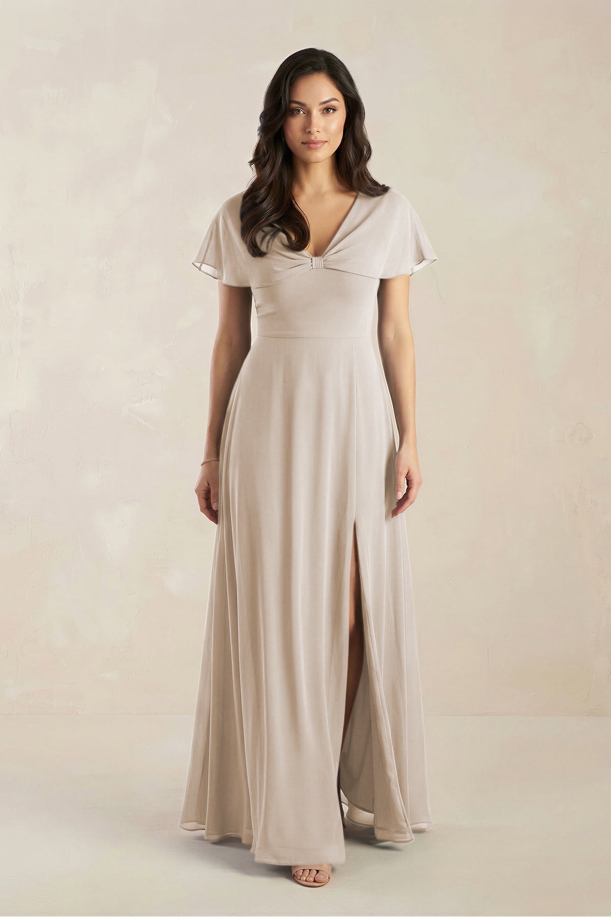 A-Line Short Sleeve Chiffon V-Neck Bridesmaid Dress in Frost