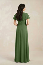 A-Line Short Sleeve Chiffon V-Neck Bridesmaid Dress in Moss