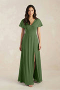 A-Line Short Sleeve Chiffon V-Neck Bridesmaid Dress in Moss