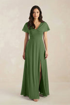 A-Line Short Sleeve Chiffon V-Neck Bridesmaid Dress in Moss
