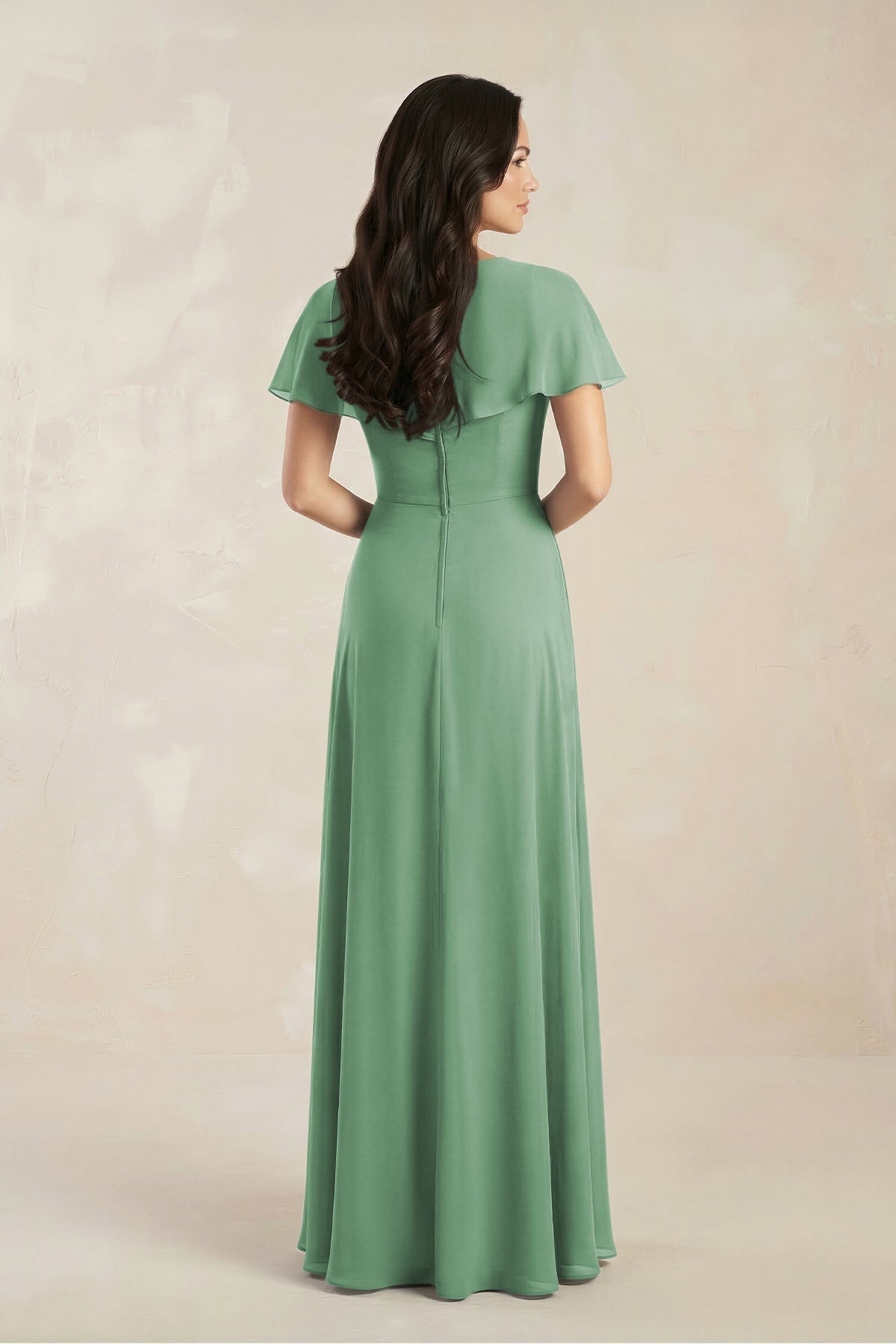 A-Line Short Sleeve Chiffon V-Neck Bridesmaid Dress in Sea Glass