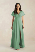 A-Line Short Sleeve Chiffon V-Neck Bridesmaid Dress in Sea Glass