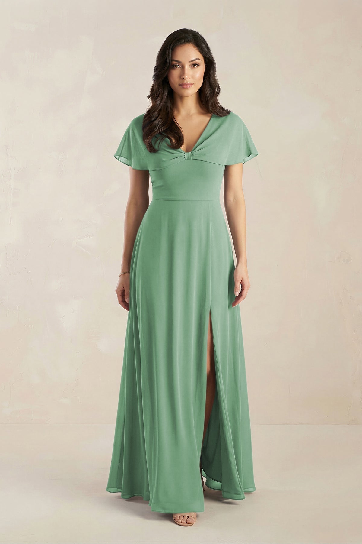 A-Line Short Sleeve Chiffon V-Neck Bridesmaid Dress in Sea Glass