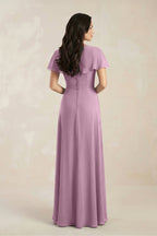 A-Line Short Sleeve Chiffon V-Neck Bridesmaid Dress in Wisteria