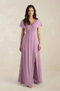 A-Line Short Sleeve Chiffon V-Neck Bridesmaid Dress in Wisteria