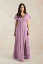 A-Line Short Sleeve Chiffon V-Neck Bridesmaid Dress in Wisteria