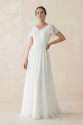 A Line Short Sleeves V Neck Chiffon Wedding Dress in White