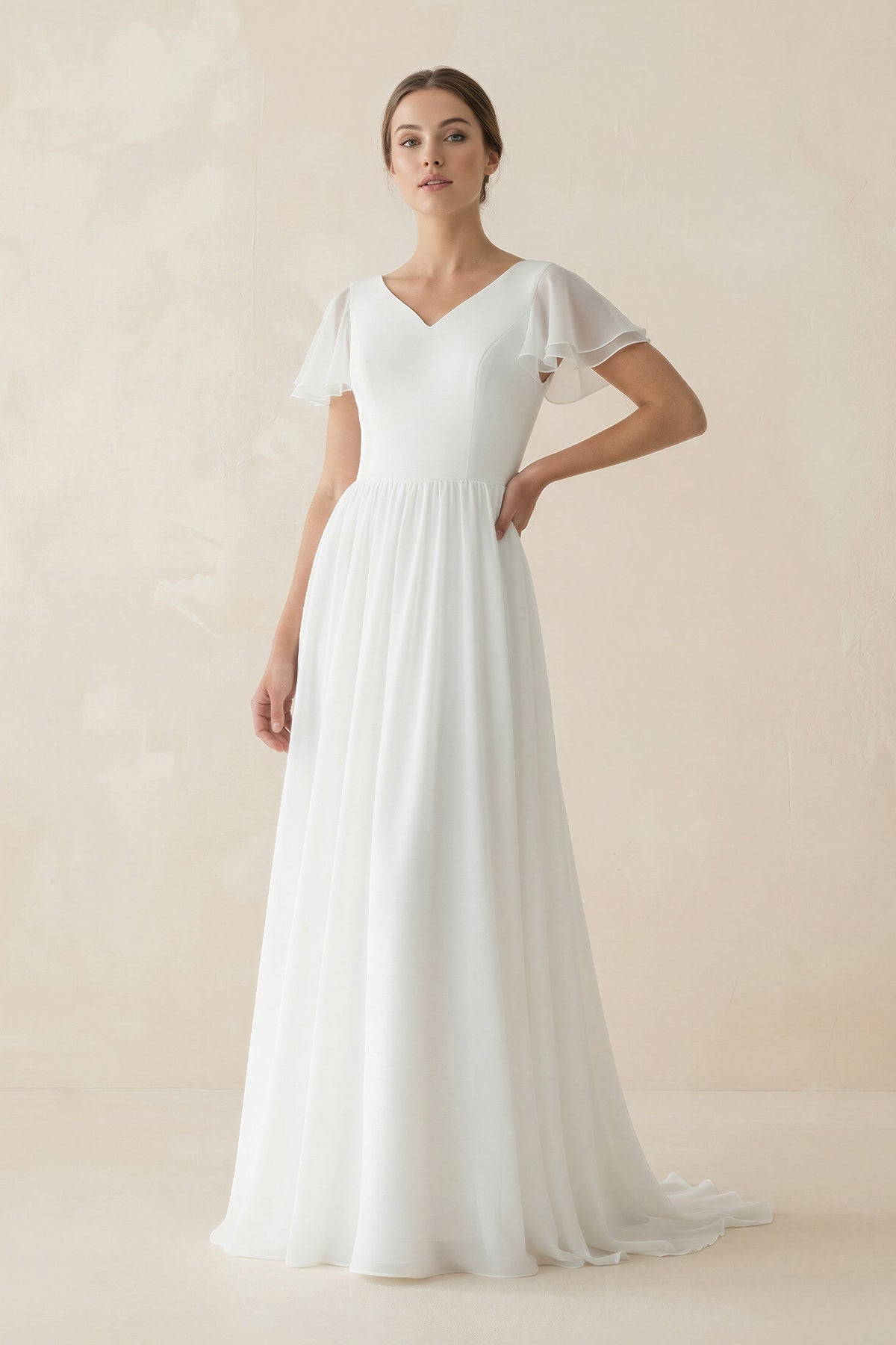 A Line Short Sleeves V Neck Chiffon Wedding Dress in White