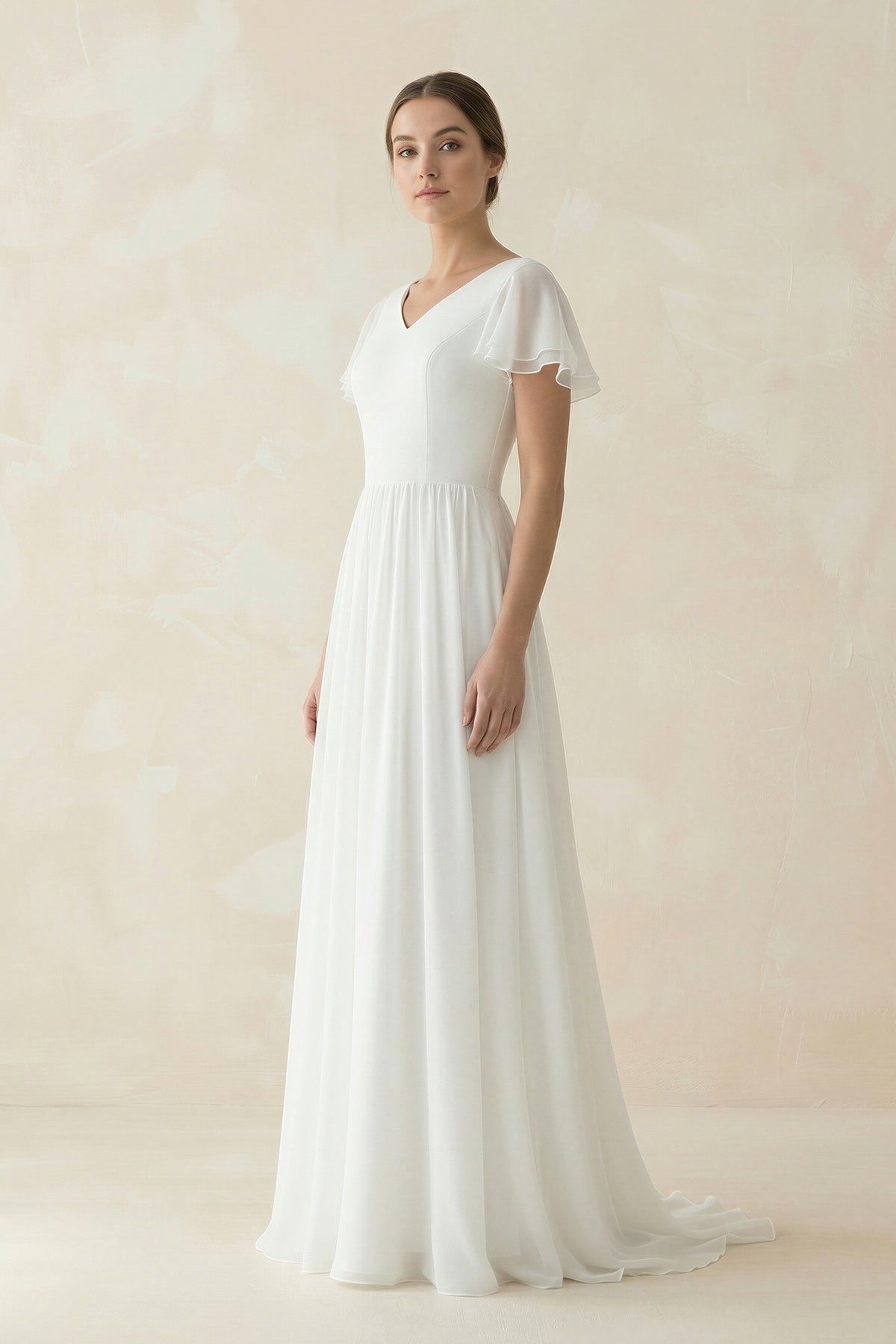 A Line Short Sleeves V Neck Chiffon Wedding Dress in White