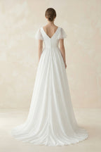 A Line Short Sleeves V Neck Chiffon Wedding Dress in White