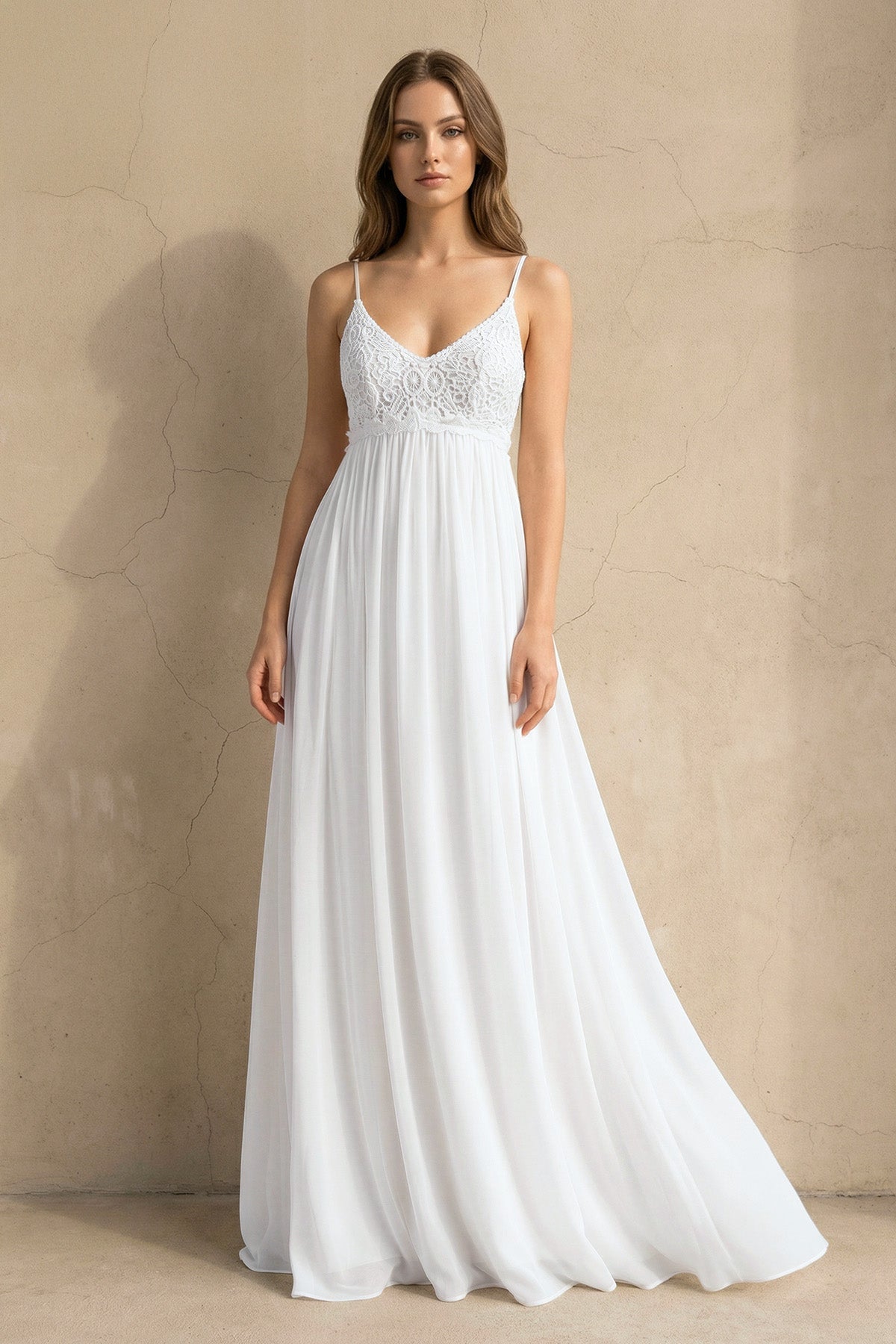 A Line Spaghetti Chiffon Lace Sleeveless Wedding Dress in White