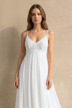 A Line Spaghetti Chiffon Lace Sleeveless Wedding Dress in White