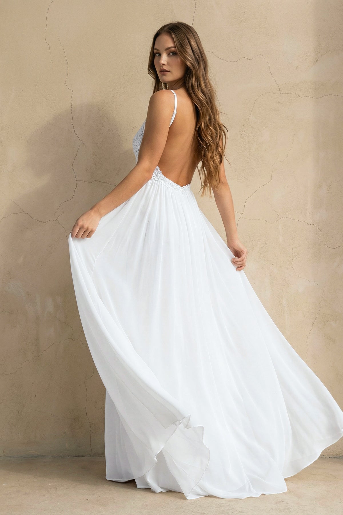 A Line Spaghetti Chiffon Lace Sleeveless Wedding Dress in White