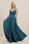 A-Line Spaghetti Strap Chiffon Bridesmaid Dress in Dark Teal