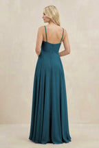 A-Line Spaghetti Strap Chiffon Bridesmaid Dress in Dark Teal