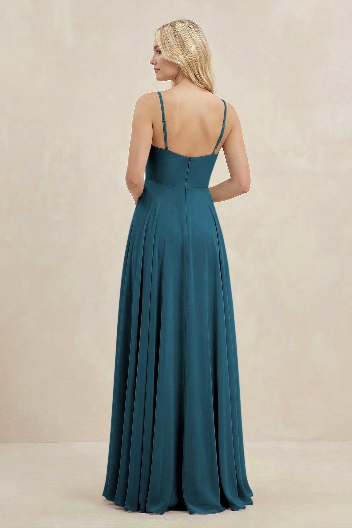 A-Line Spaghetti Strap Chiffon Bridesmaid Dress in Dark Teal