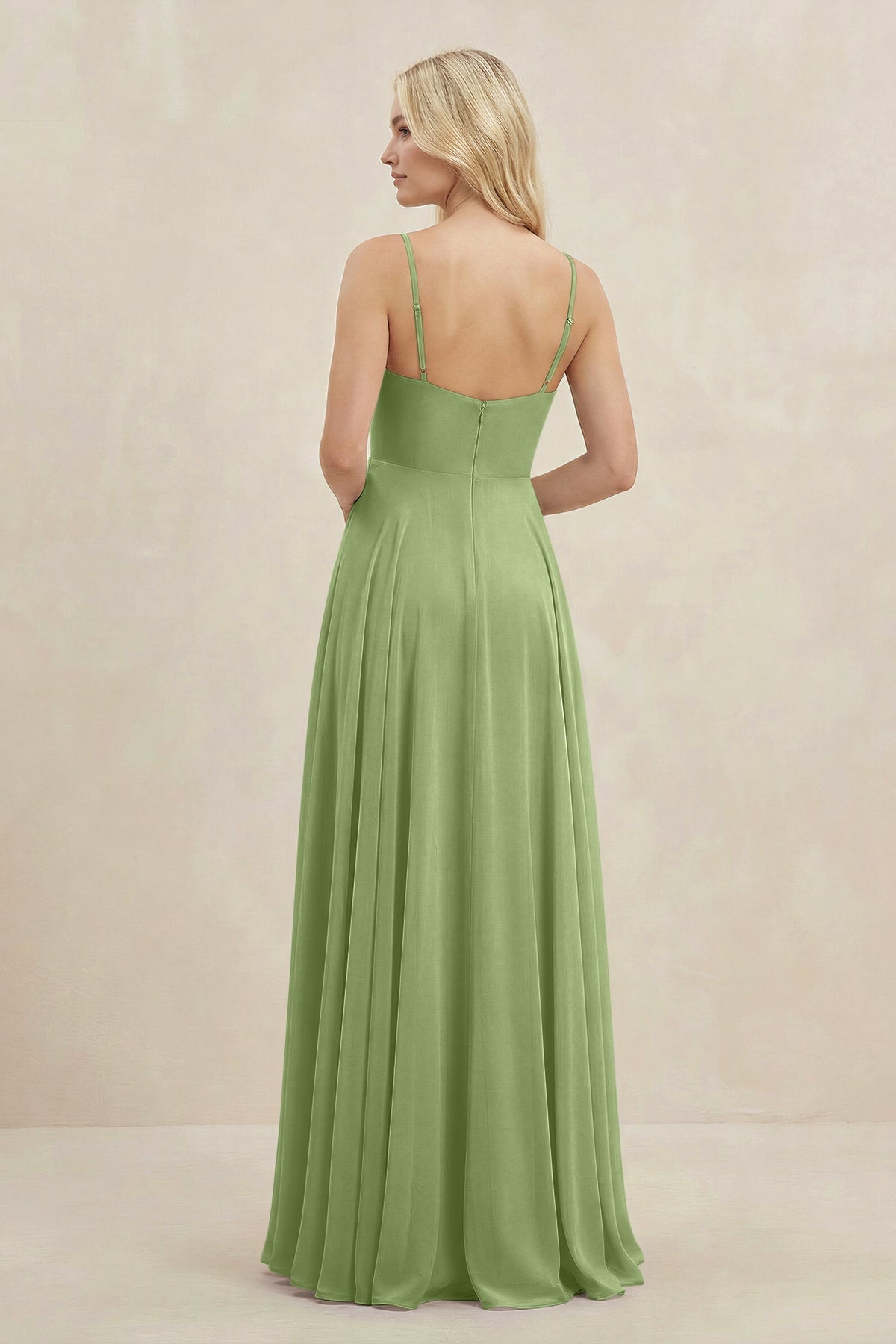 A-Line Spaghetti Strap Chiffon Bridesmaid Dress in Matcha
