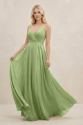 A-Line Spaghetti Strap Chiffon Bridesmaid Dress in Matcha