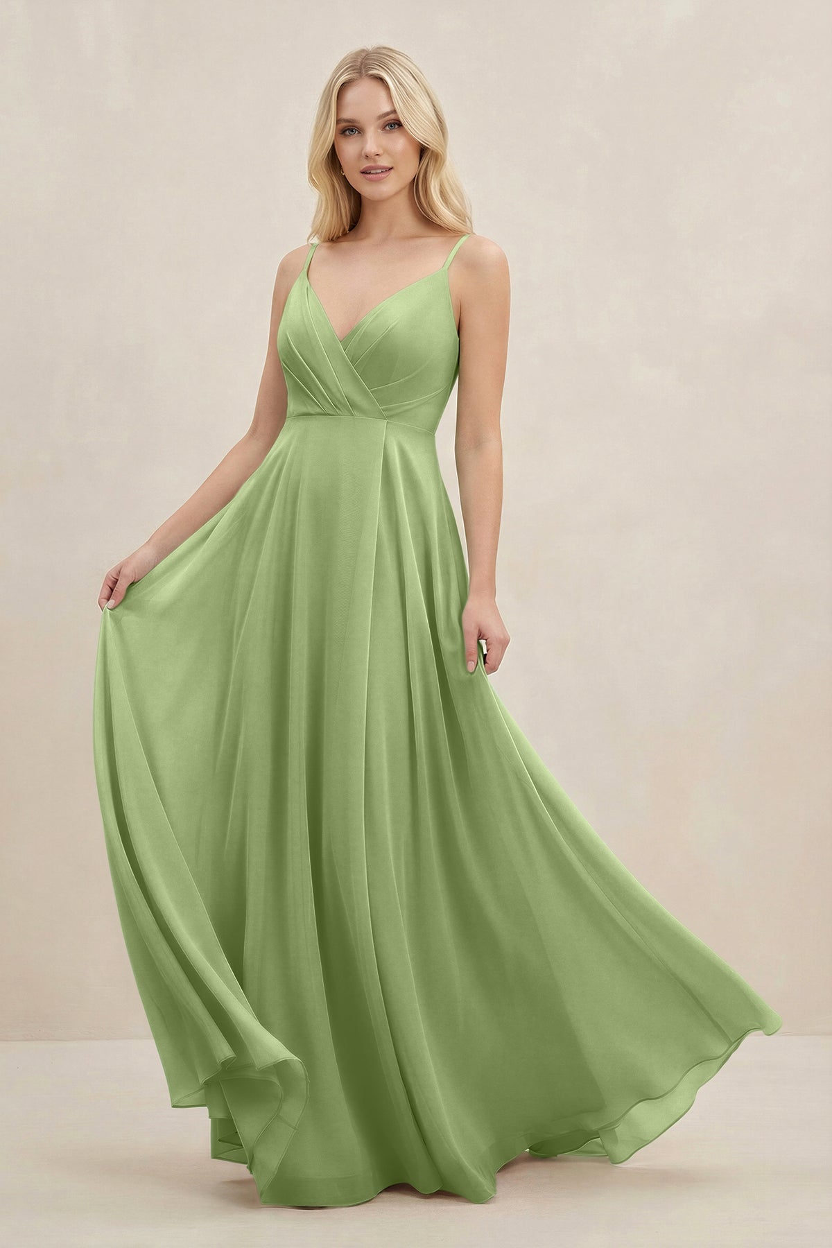 A-Line Spaghetti Strap Chiffon Bridesmaid Dress in Matcha