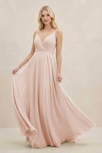 A-Line Spaghetti Strap Chiffon Bridesmaid Dress in Pale Blush