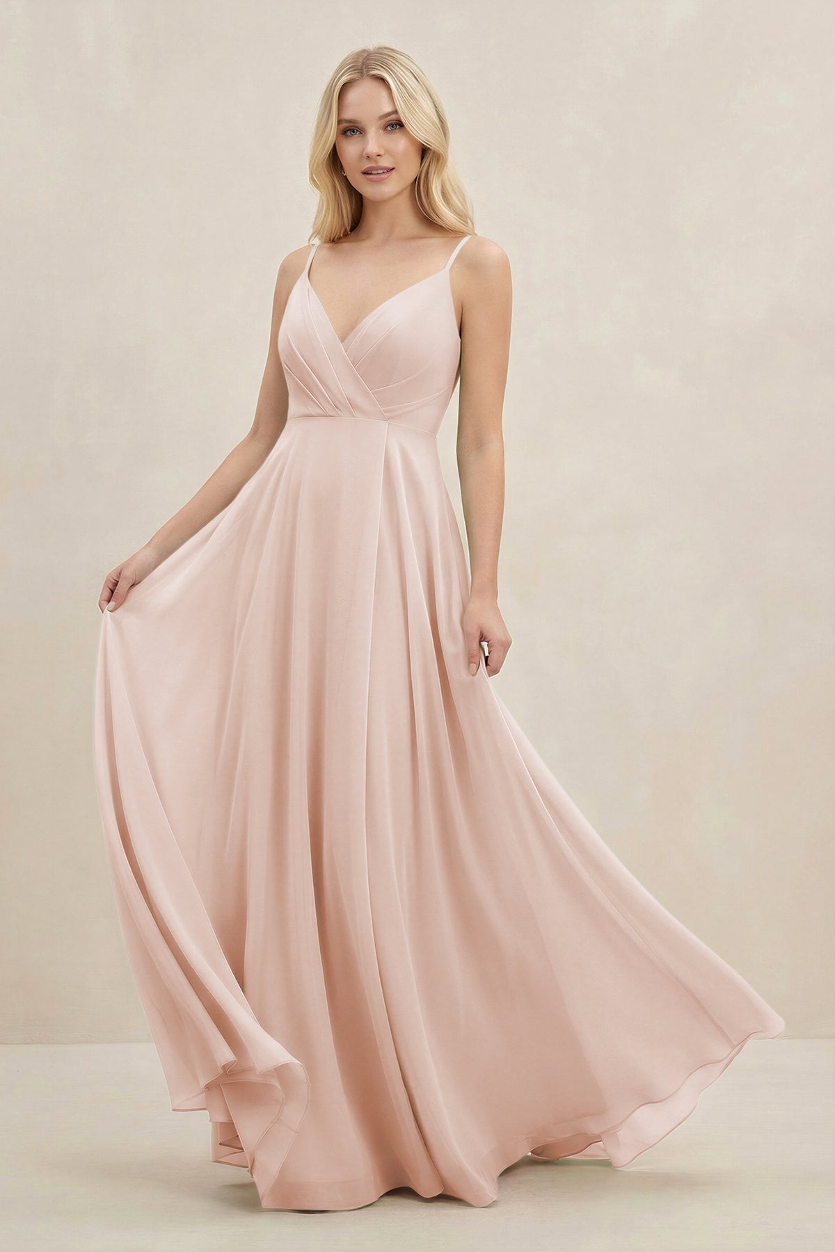 A-Line Spaghetti Strap Chiffon Bridesmaid Dress in Pale Blush