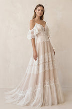 A Line Spaghetti Straps Lace Wedding Dress
