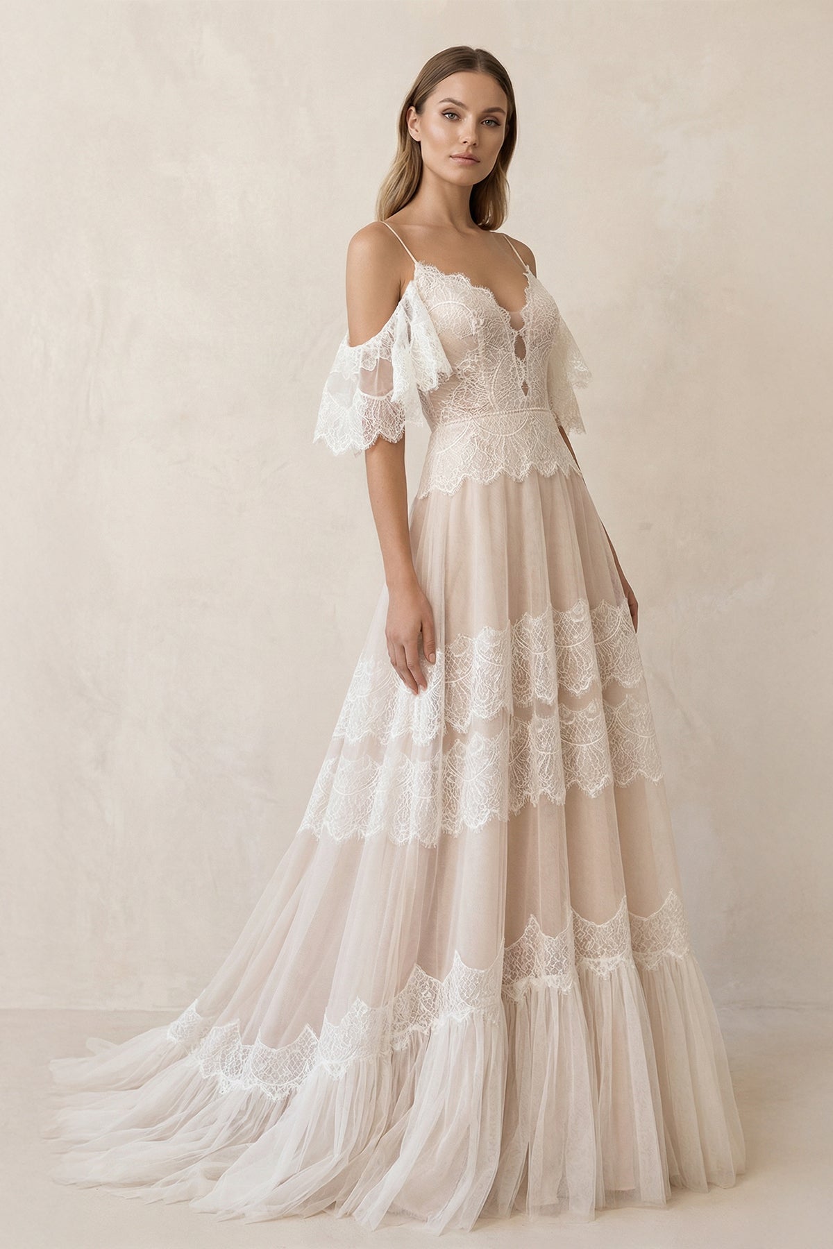 A Line Spaghetti Straps Lace Wedding Dress