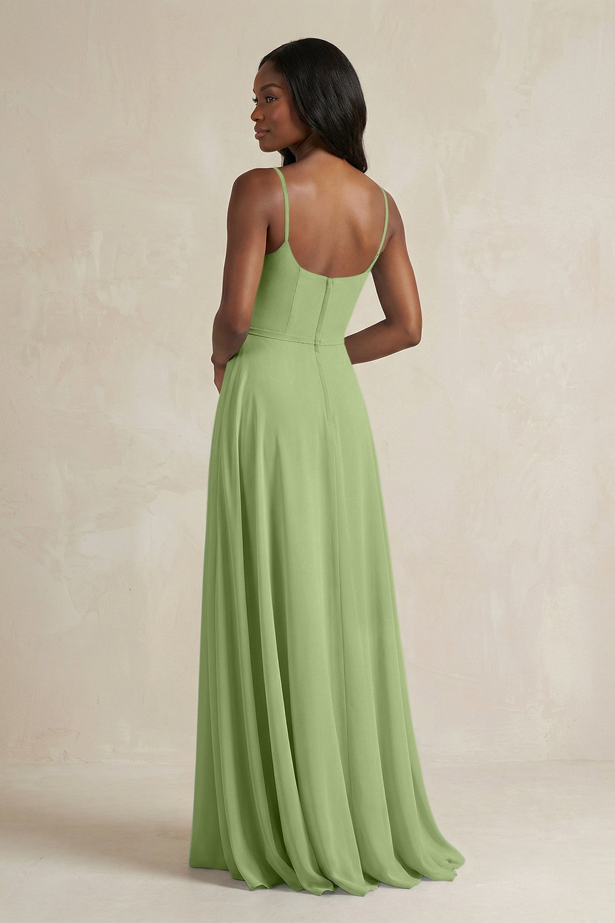 A-Line Spaghetti Straps Chiffon Bridesmaid Dress in Matcha