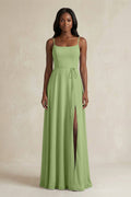 A-Line Spaghetti Straps Chiffon Bridesmaid Dress in Matcha
