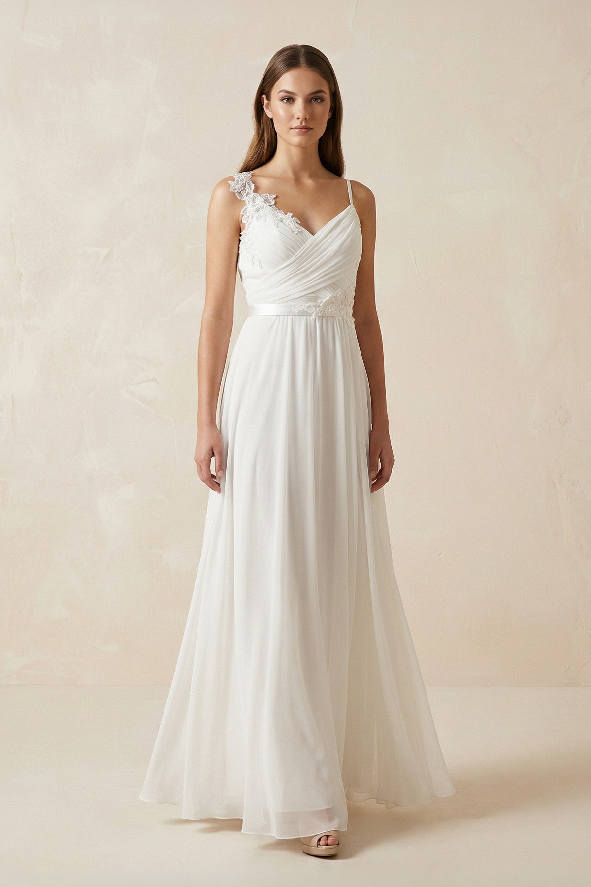 A-Line Spaghetti-Straps Chiffon Wedding Dress With Appliques in White