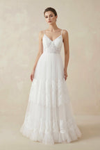 A Line Spaghetti Straps Lace Wedding Dress in White