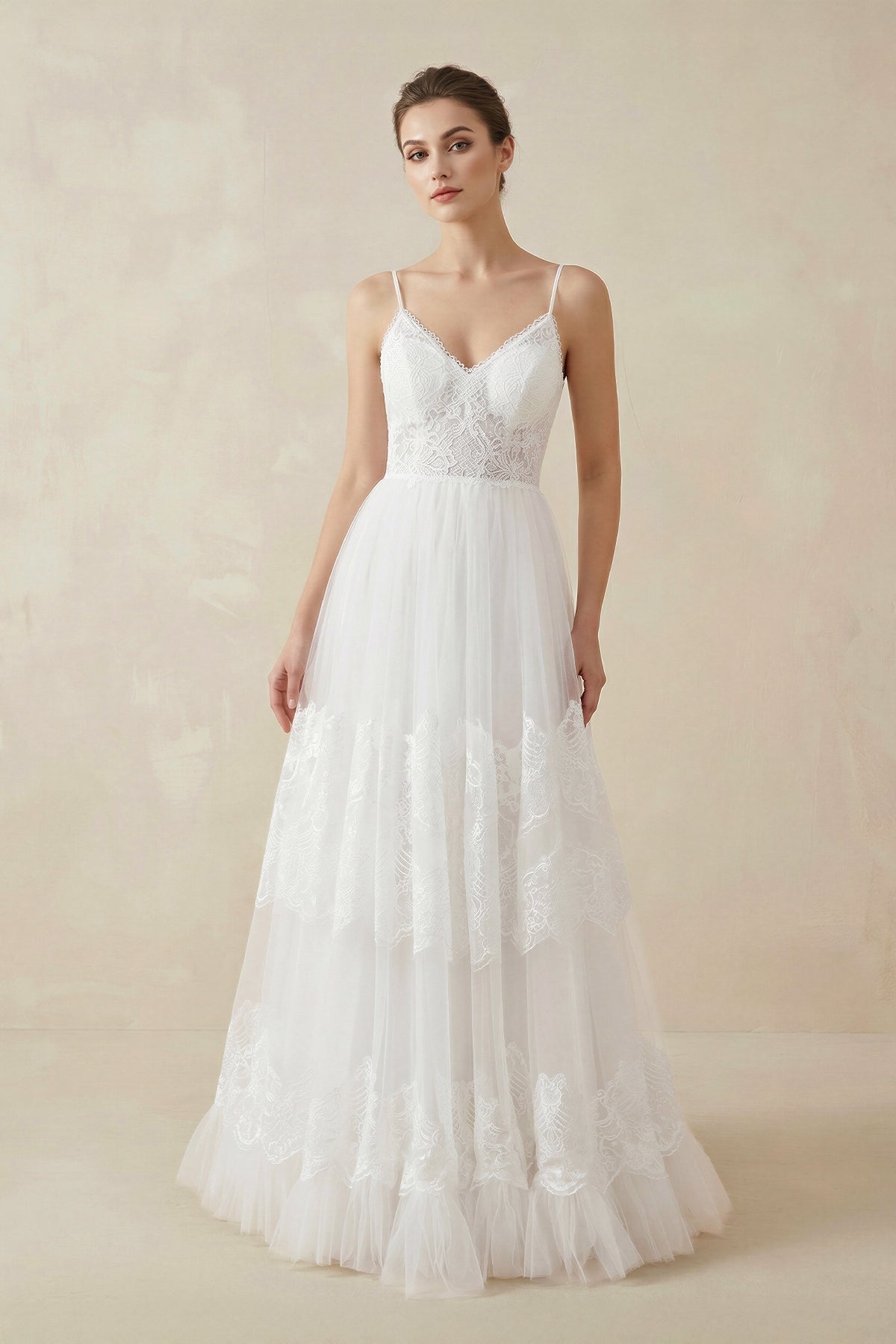 A Line Spaghetti Straps Lace Wedding Dress in White