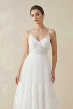 A Line Spaghetti Straps Lace Wedding Dress in White