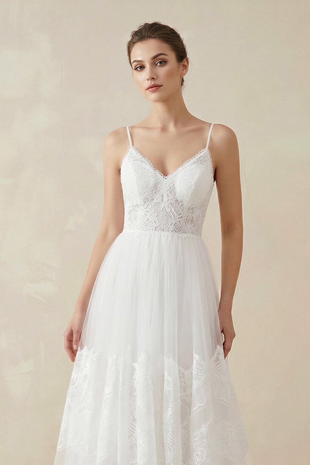 A Line Spaghetti Straps Lace Wedding Dress in White