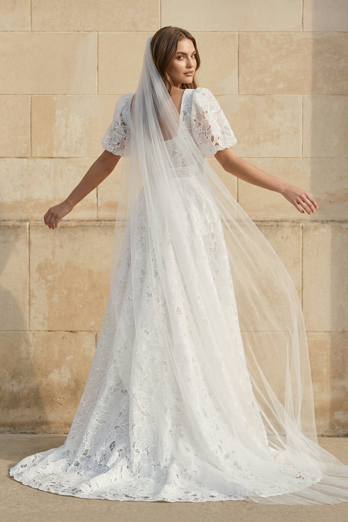 A Line Square Neck Lace Wedding Dress in White