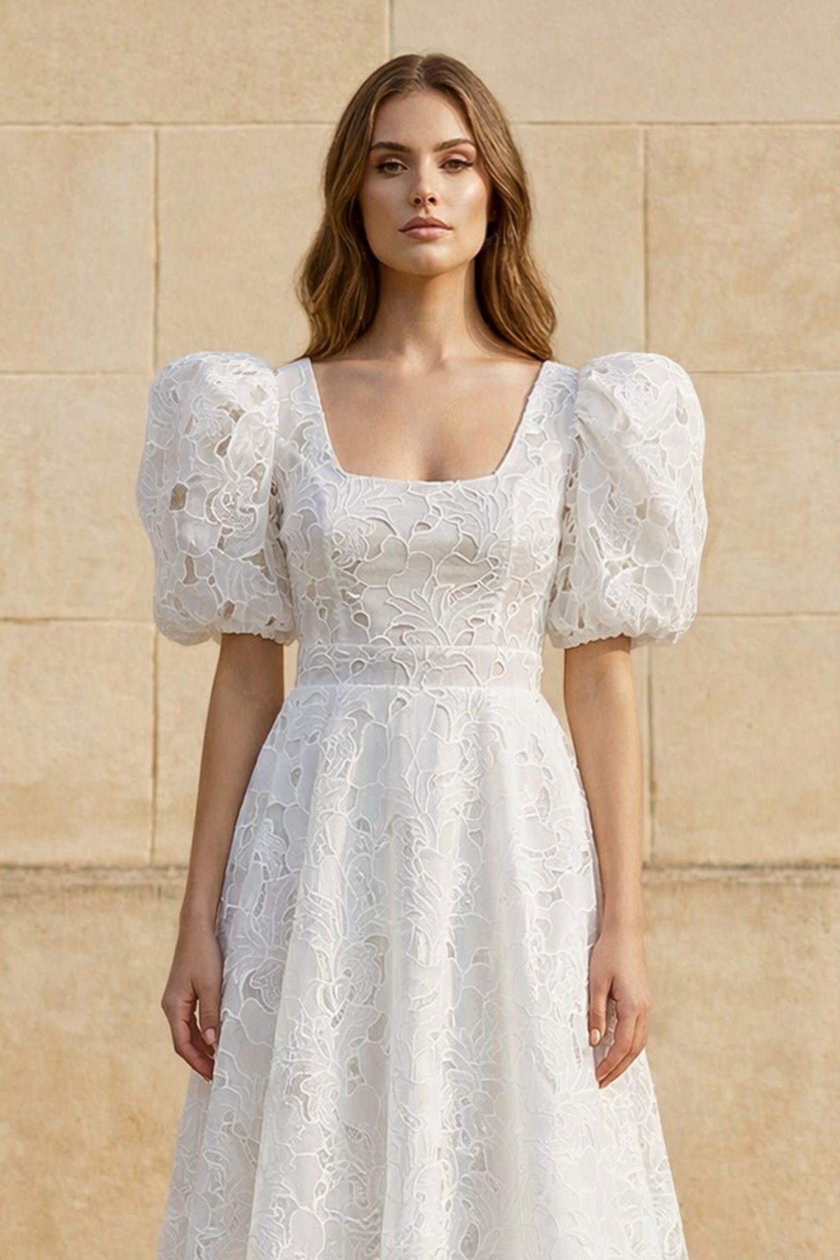 A Line Square Neck Lace Wedding Dress in White