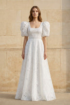 A Line Square Neck Lace Wedding Dress in White