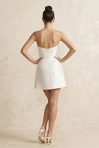 A-Line Strapless Appliqued Satin Mini Wedding Dress With Pearl in White