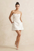 A-Line Strapless Appliqued Satin Mini Wedding Dress With Pearl in White