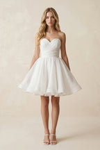 A-Line Strapless Pleated Organza Wedding Dress in White