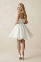 A-Line Strapless Pleated Organza Wedding Dress in White