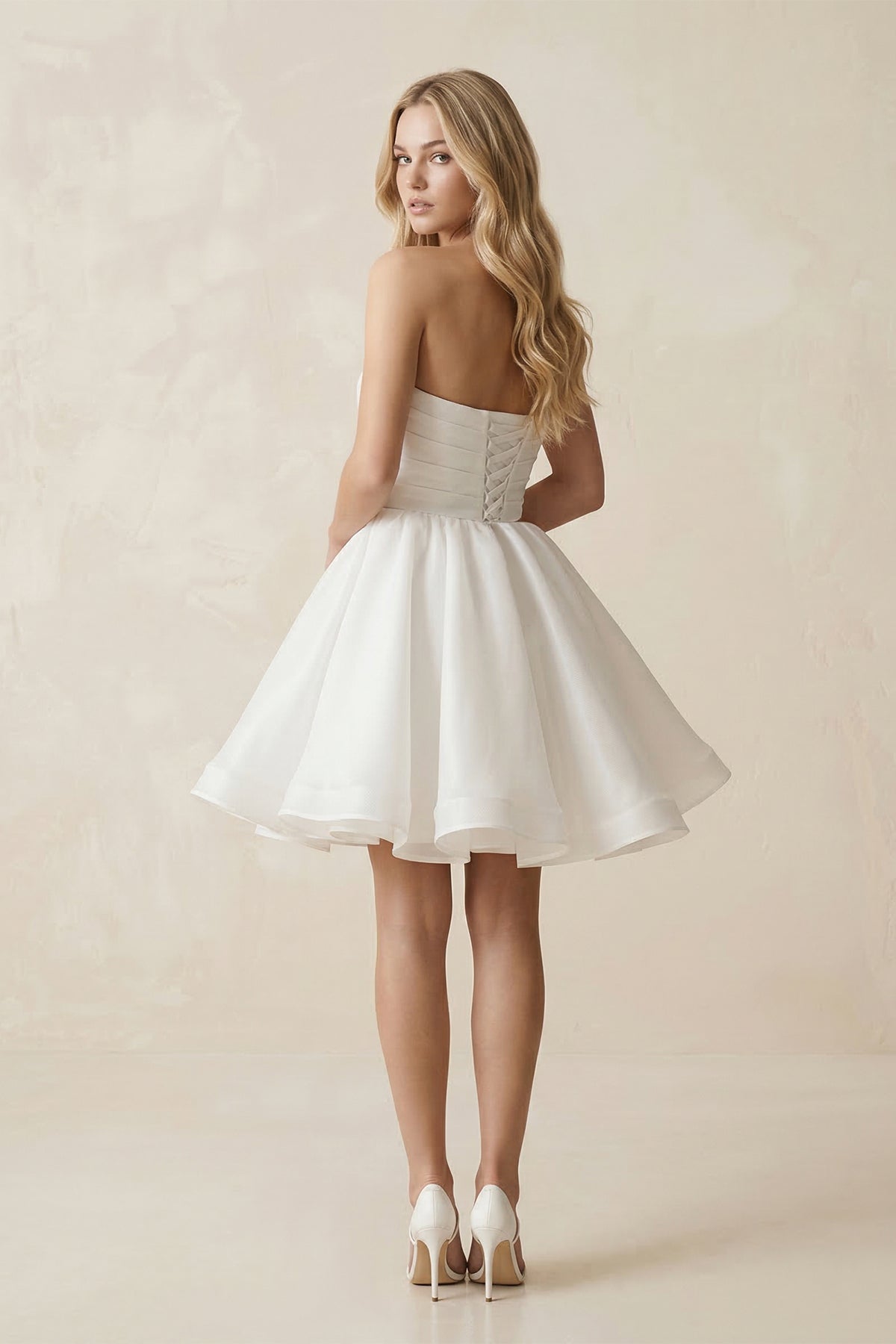 A-Line Strapless Pleated Organza Wedding Dress in White