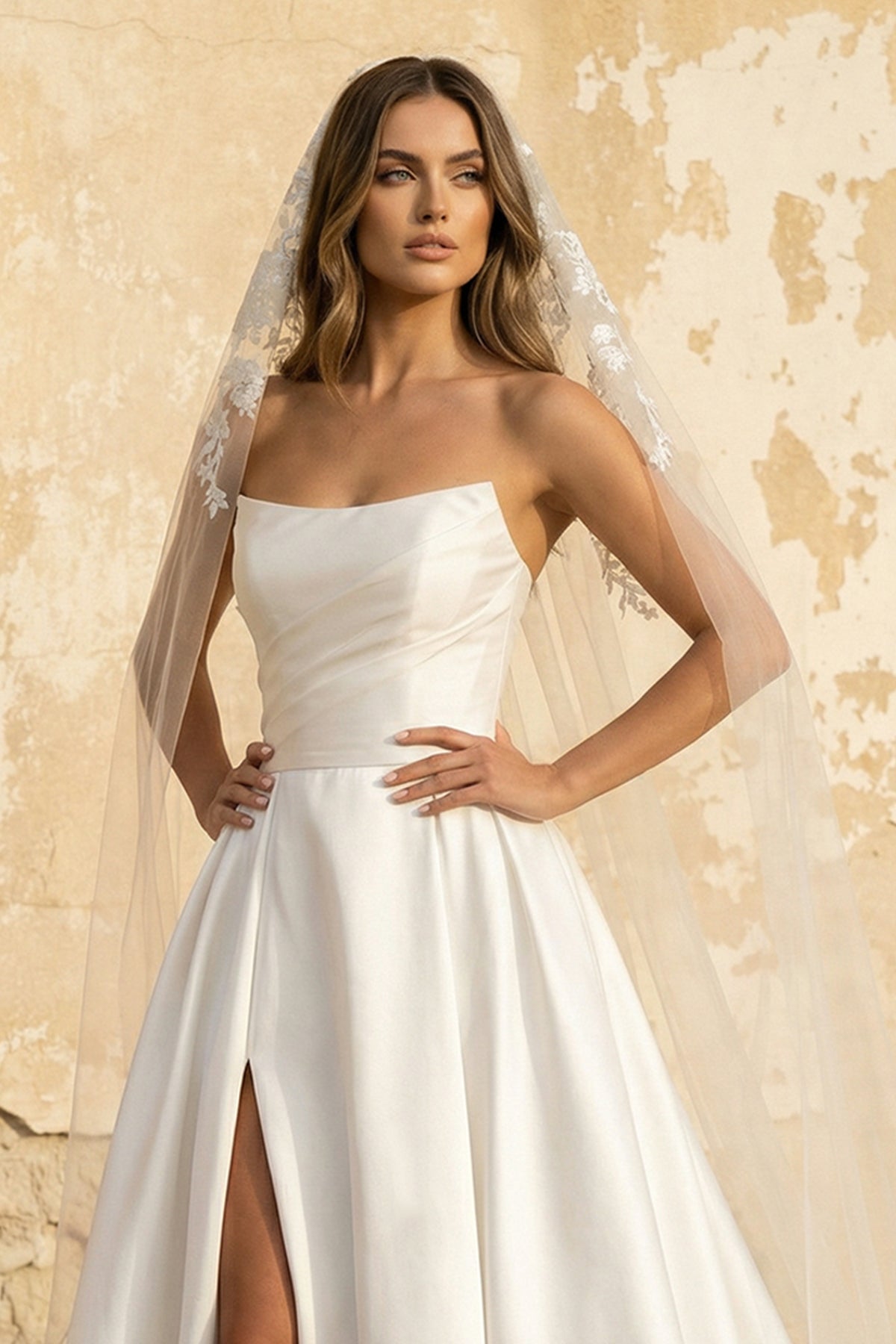 A Line Strapless Satin Wedding Dress With Slit in White