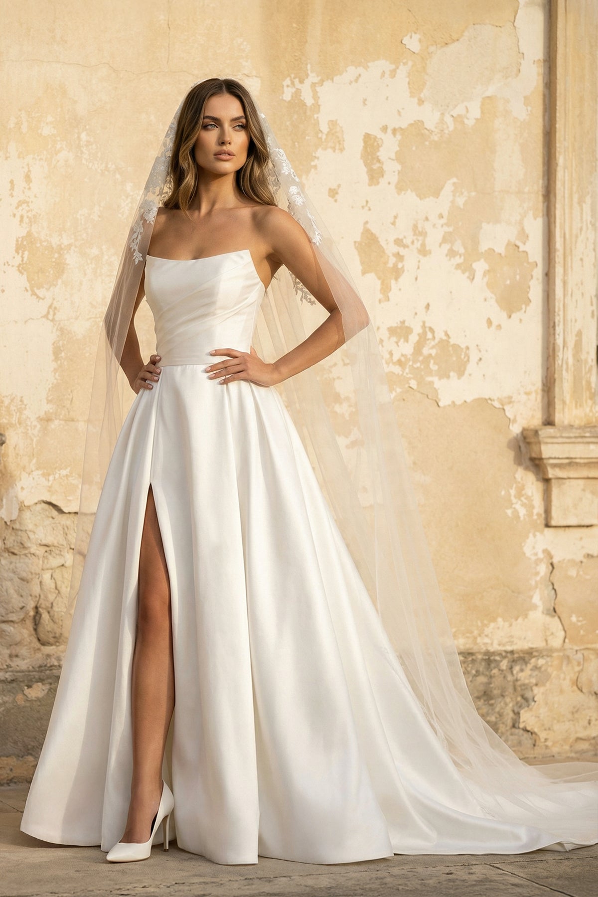 A Line Strapless Satin Wedding Dress With Slit in White