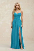 A-Line Sweetheart Pleated Chiffon Bridesmaid Dress in Blue Jay